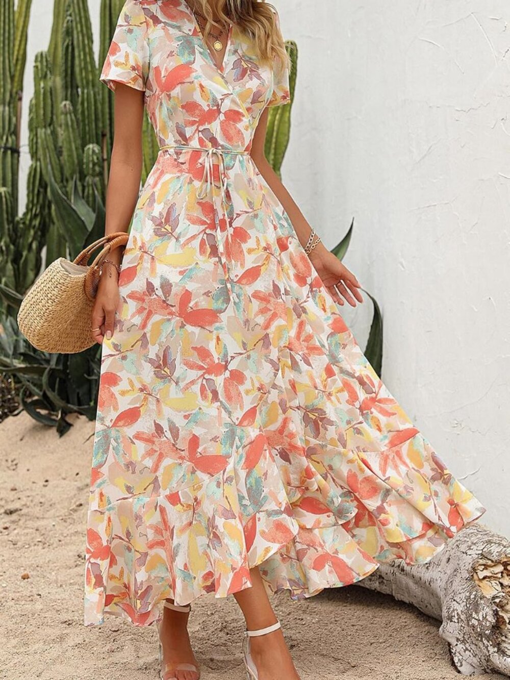 PRETTYGARDEN White Floral Wrap Boho Maxi Dress L #3 - Picture 5 of 9